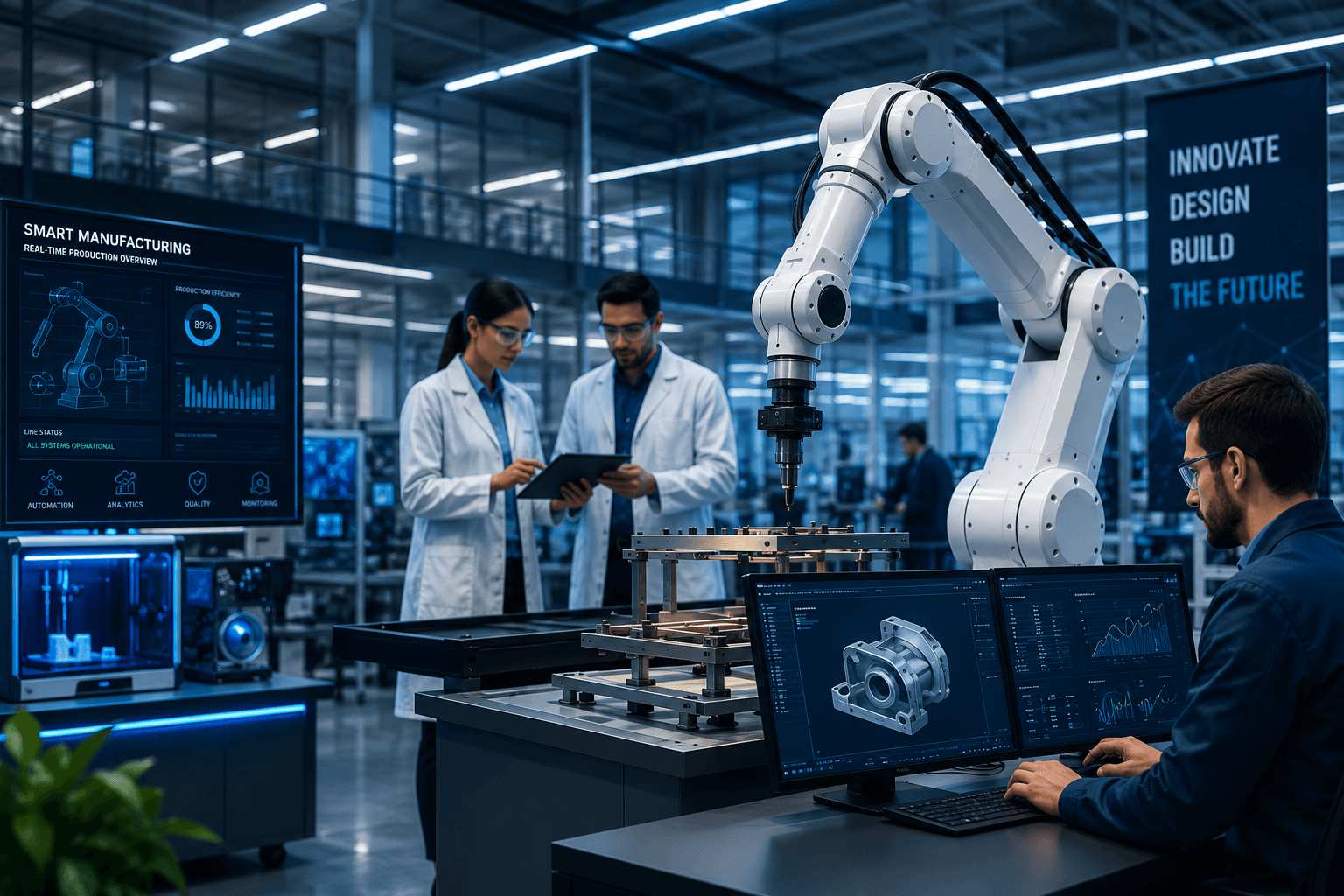 Advanced smart manufacturing laboratory with engineers, robotics, digital monitoring, and modern production technology