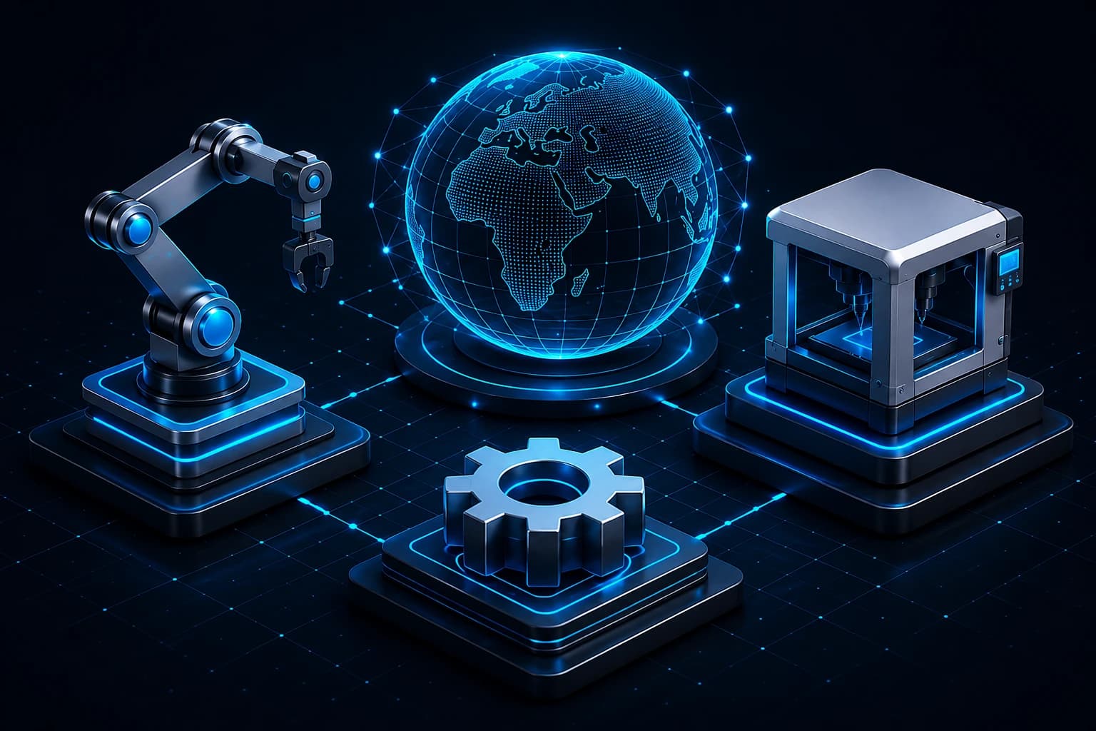 SDM digital manufacturing ecosystem with robotics, connected industry, advanced machines, and engineering technology